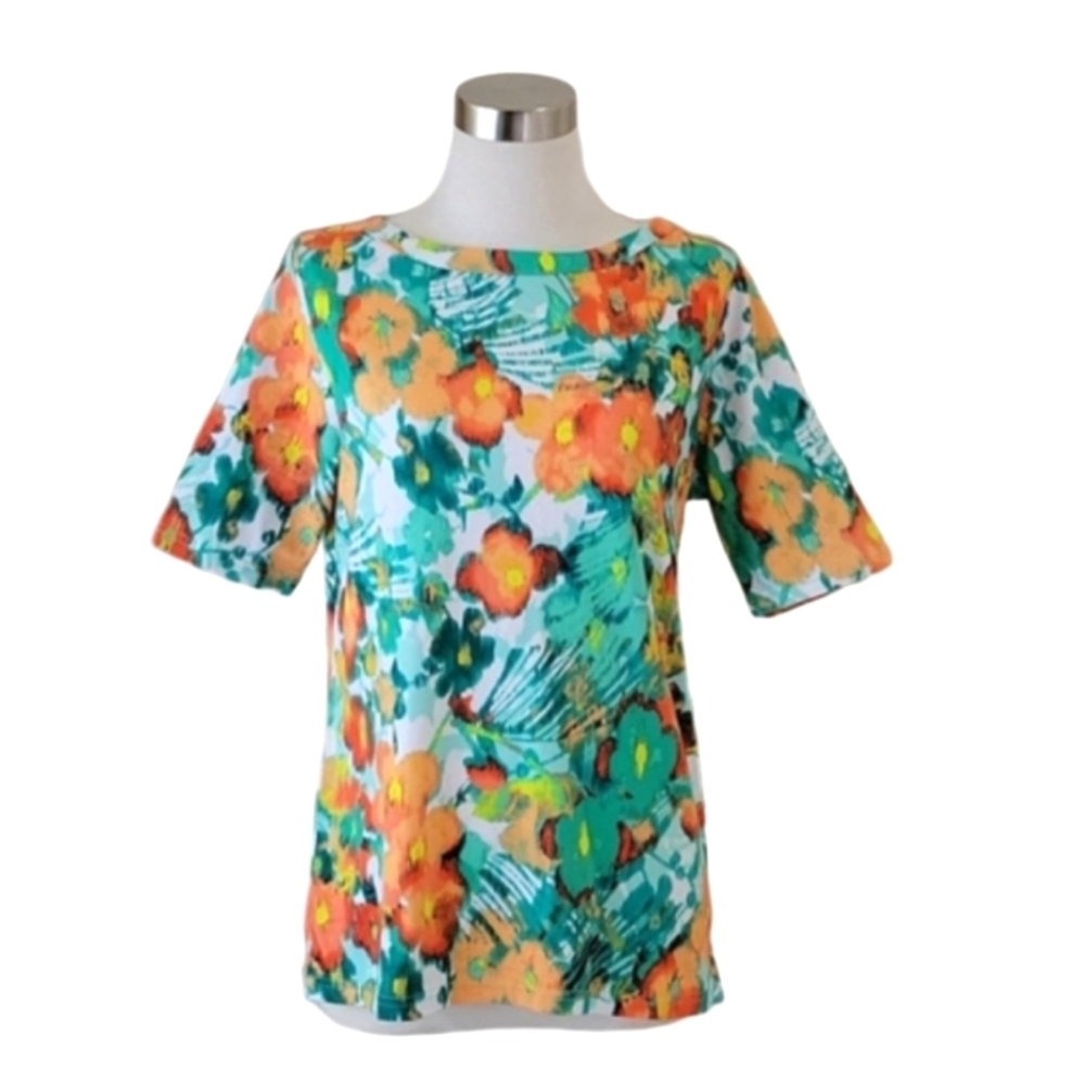 *SOLD* Caribbean Joe floral vibrant colorful short-sleeve top women's small NEW - Picture 1 of 11